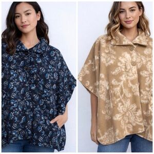 Le Moda Fleece Poncho Cape Bundle 2 Piece Button Front OS
